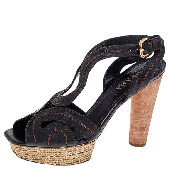 Prada Brown Leather Espadrille Platform Wooden Heel Ankle Sandals Size 40 - Picture 1 of 4